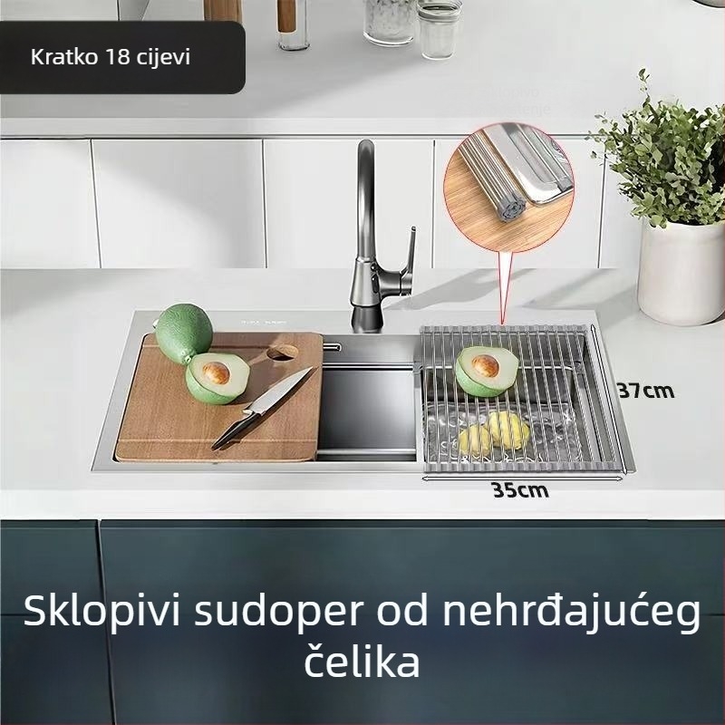 Sklopivi stalak za sudoper od nehrđajućeg čelika za sušenje i odlaganje posuđa i pribora, sa silikon komponentama