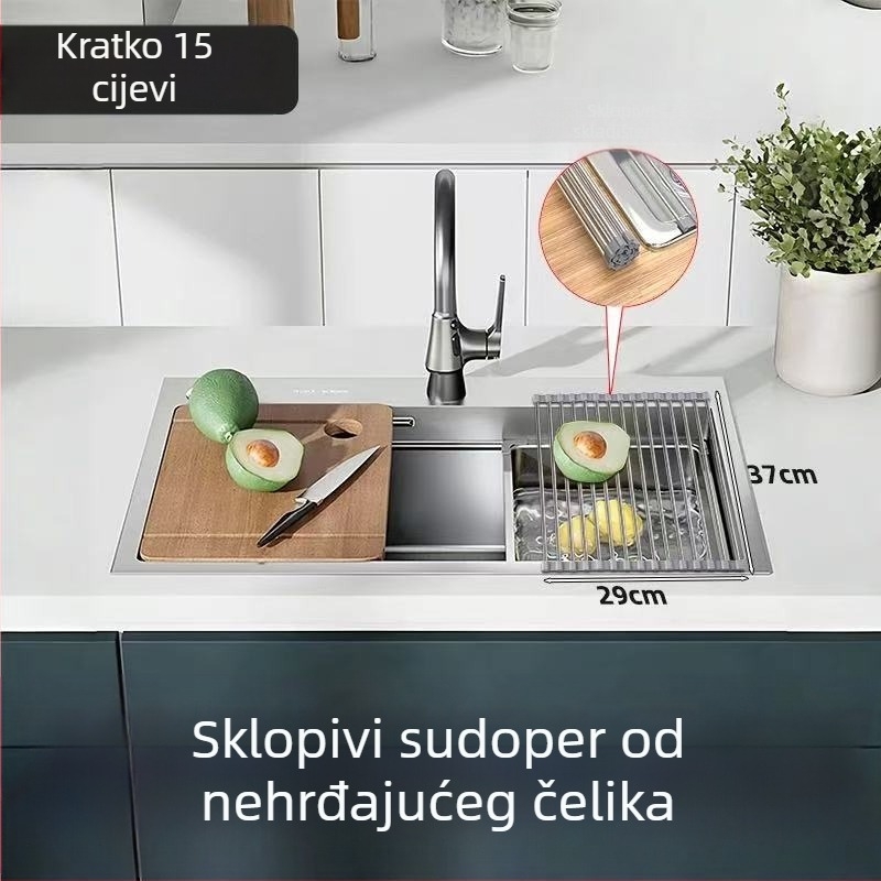 Sklopivi stalak za sudoper od nehrđajućeg čelika za sušenje i odlaganje posuđa i pribora, sa silikon komponentama