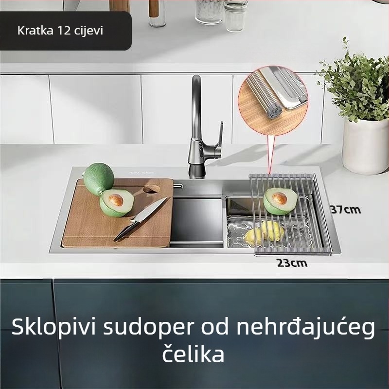 Sklopivi stalak za sudoper od nehrđajućeg čelika za sušenje i odlaganje posuđa i pribora, sa silikon komponentama
