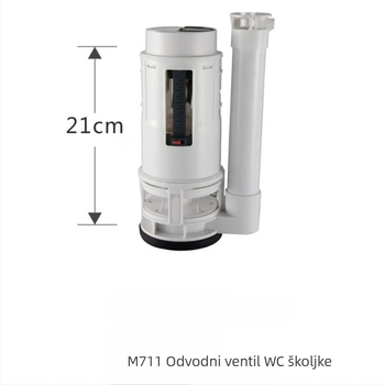 Set ventila za spremnik WC-a: ventil za dovod vode, ventil za odvod vode, plovak ventil i integrirani odvodni ventil.