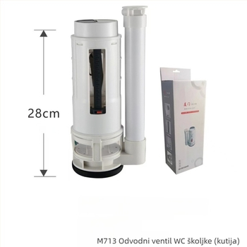 Set ventila za spremnik WC-a: ventil za dovod vode, ventil za odvod vode, plovak ventil i integrirani odvodni ventil.