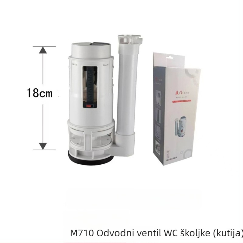 Set ventila za spremnik WC-a: ventil za dovod vode, ventil za odvod vode, plovak ventil i integrirani odvodni ventil.
