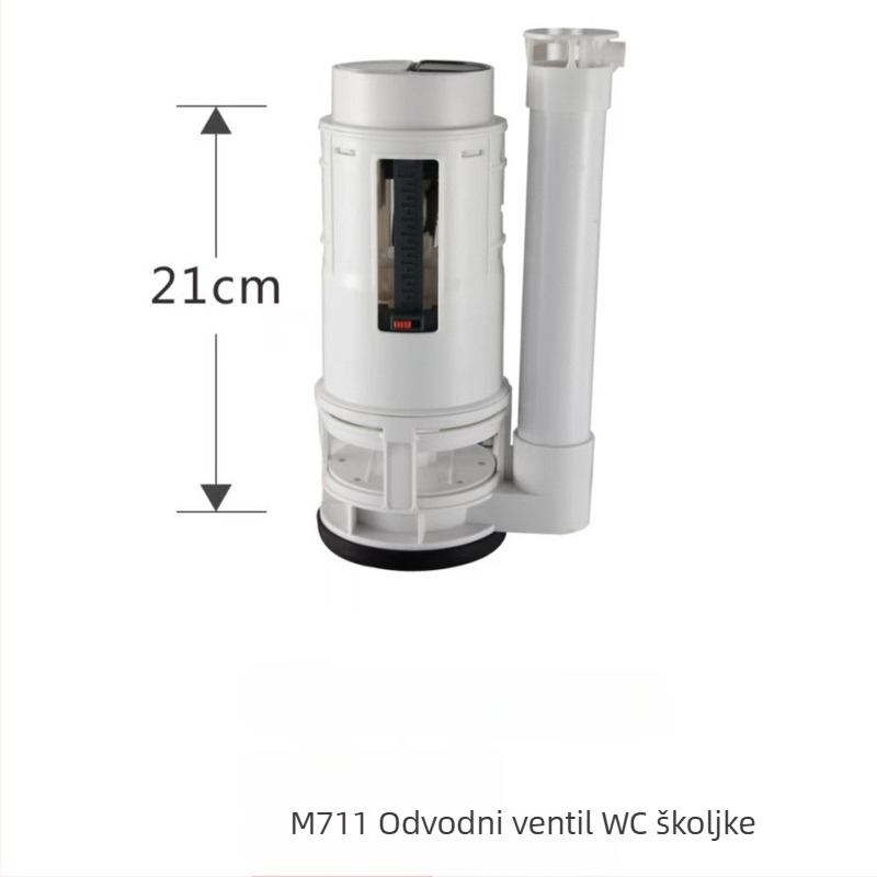 Set ventila za spremnik WC-a: ventil za dovod vode, ventil za odvod vode, plovak ventil i integrirani odvodni ventil.