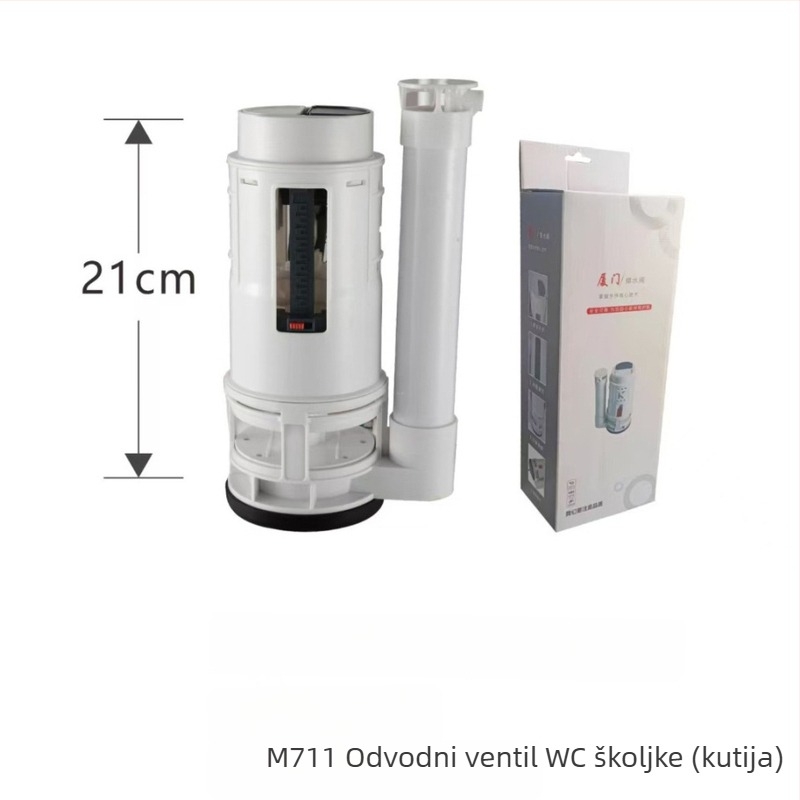 Set ventila za spremnik WC-a: ventil za dovod vode, ventil za odvod vode, plovak ventil i integrirani odvodni ventil.