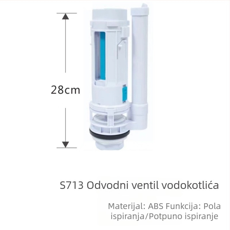 Set ventila za spremnik WC-a: ventil za dovod vode, ventil za odvod vode, plovak ventil i integrirani odvodni ventil.