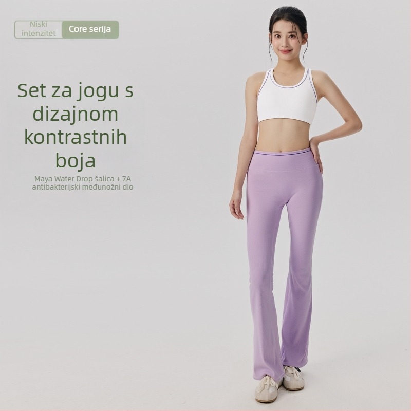 Ženski joga set u europsko-američkom stilu sa blokovima boja, racerback, sportski grudnjak prilagođen koži, uski kroj, svestrane široke tajice
