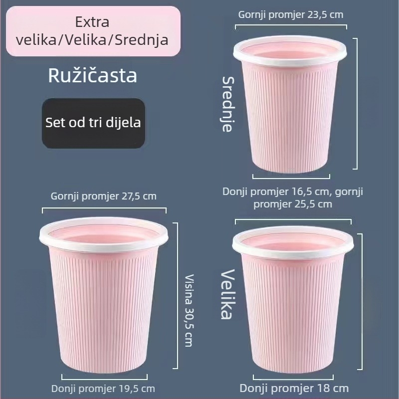Plastični smećar, cilindričnog oblika, velike zapremine (>12 L), bez poklopca, za kućnu uporabu u kuhinji, kupaonici i dnevnom boravku.