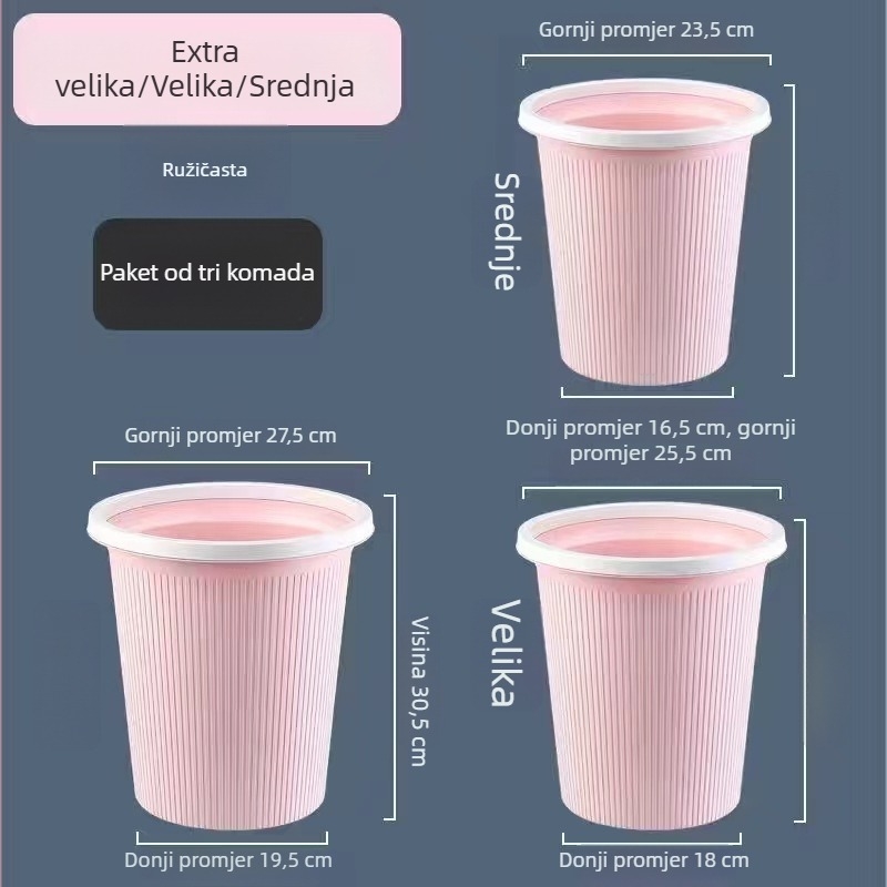 Plastični smećar, cilindričnog oblika, velike zapremine (>12 L), bez poklopca, za kućnu uporabu u kuhinji, kupaonici i dnevnom boravku.