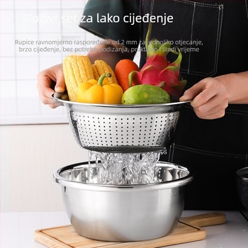 Kuhinjski set od nehrđajućeg čelika: okrugla odvodna posuda, košarica za voće, cjedilo za rižu, zdjela za tijesto, zdjela za miješanje – duboka, ekstra velika.