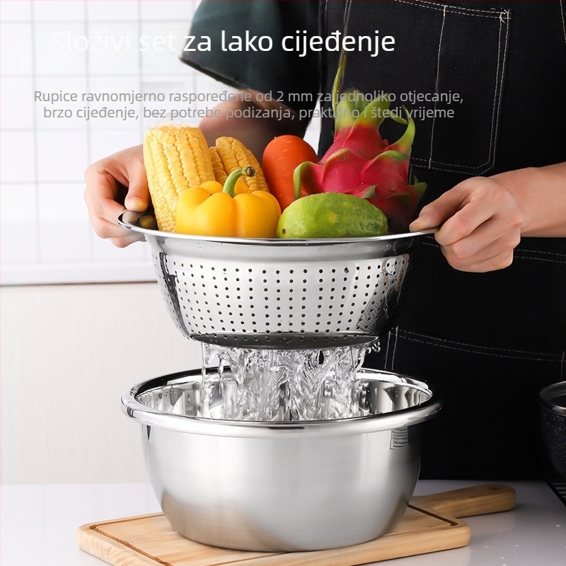 Kuhinjski set od nehrđajućeg čelika: okrugla odvodna posuda, košarica za voće, cjedilo za rižu, zdjela za tijesto, zdjela za miješanje – duboka, ekstra velika.