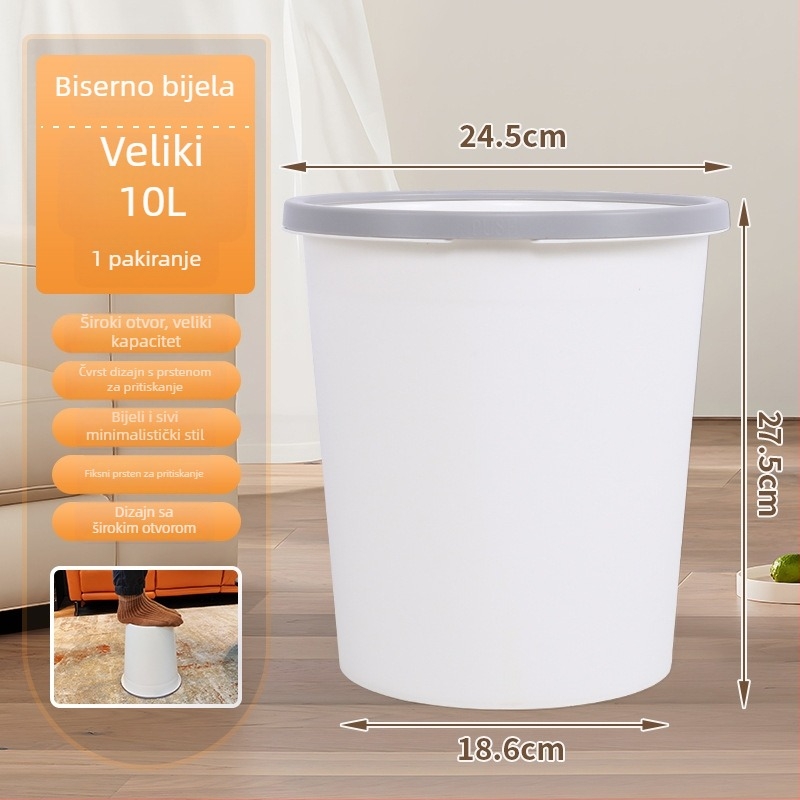 Plastična kanta za otpad 10 L, dugačkog cilindričnog oblika, bez poklopca, za kućnu upotrebu: dnevni boravak, kuhinja, ured, studentski dom, kupaonica