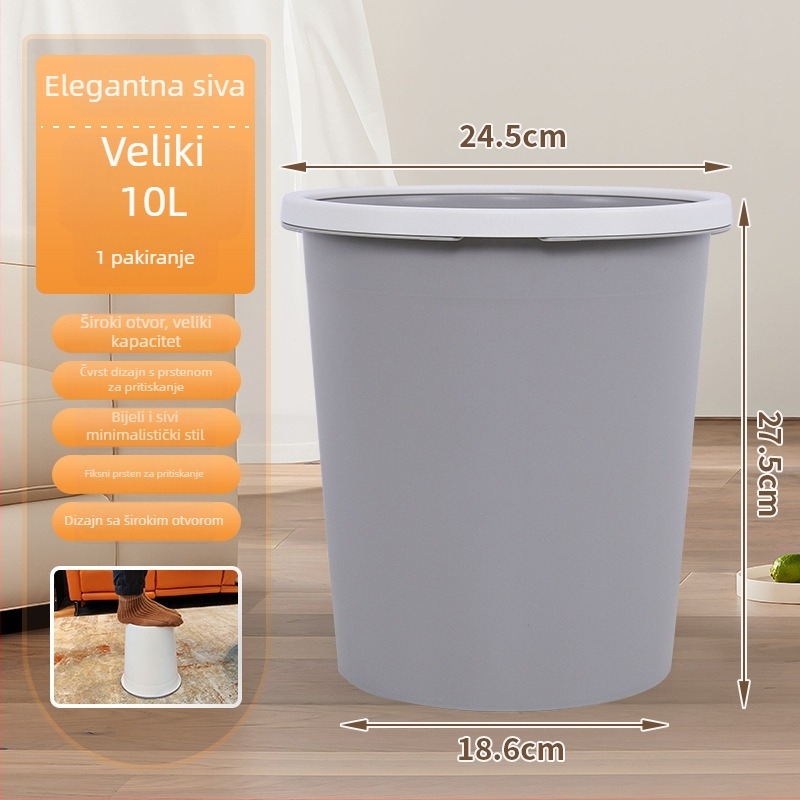 Plastična kanta za otpad 10 L, dugačkog cilindričnog oblika, bez poklopca, za kućnu upotrebu: dnevni boravak, kuhinja, ured, studentski dom, kupaonica