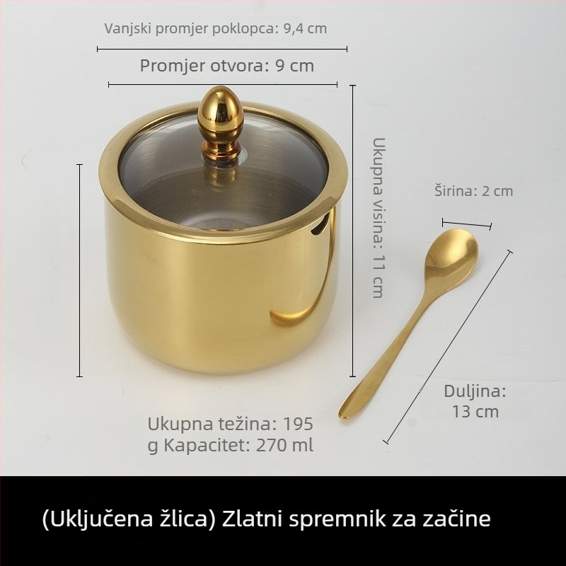 Set posuda za začine od nehrđajućeg čelika 304 s staklenim poklopcem i žličicom, okrugli spremnici