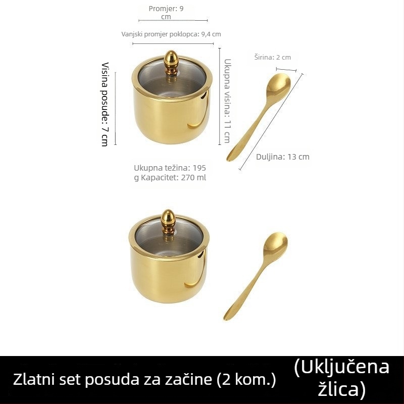 Set posuda za začine od nehrđajućeg čelika 304 s staklenim poklopcem i žličicom, okrugli spremnici