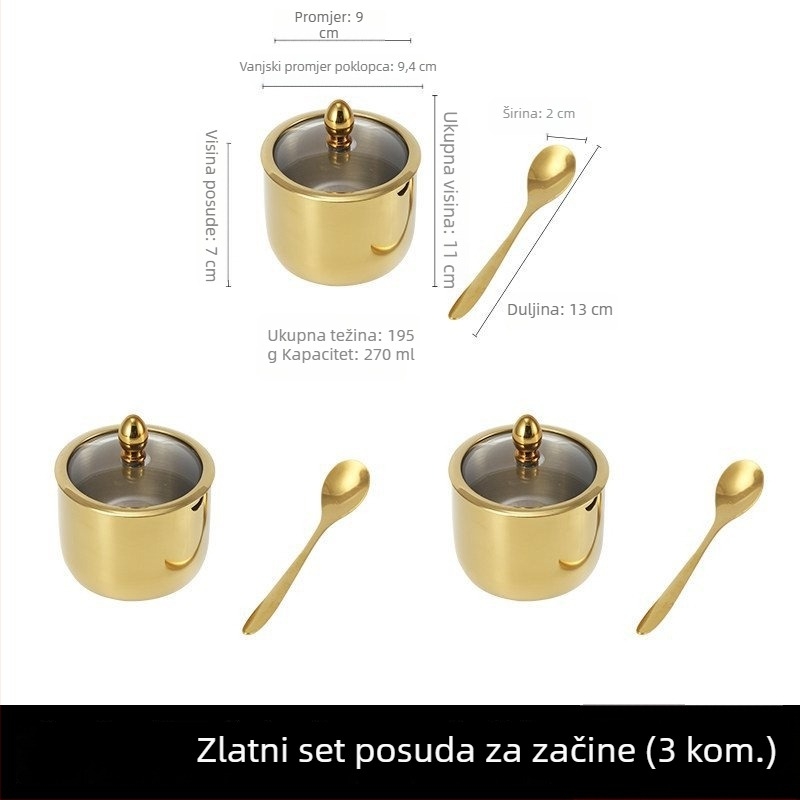 Set posuda za začine od nehrđajućeg čelika 304 s staklenim poklopcem i žličicom, okrugli spremnici