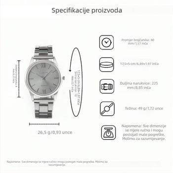 Ženski kvarcni sat s remenom od nehrđajućeg čelika, kućište od legure, okrugli brojčanik 40 mm, rimske brojke, set dodataka