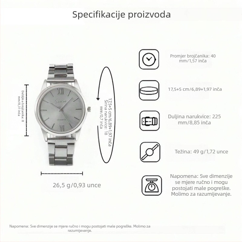 Ženski kvarcni sat s remenom od nehrđajućeg čelika, kućište od legure, okrugli brojčanik 40 mm, rimske brojke, set dodataka