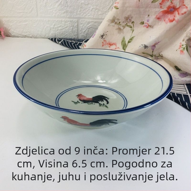 6-inčna zdjela za rižu s dizajnom pijetla, plavi rub, celadonsko ispod glazure, nostalgičan retro stil