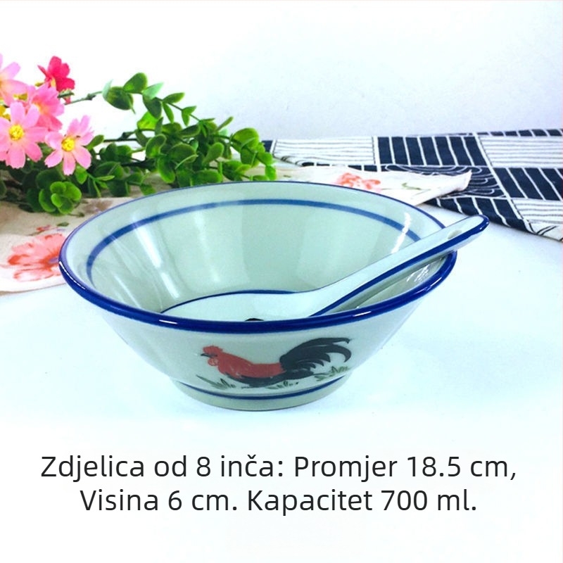 6-inčna zdjela za rižu s dizajnom pijetla, plavi rub, celadonsko ispod glazure, nostalgičan retro stil