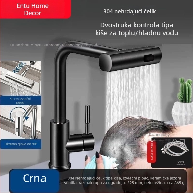 Crni kuhinjski slavina od 304 nehrđajućeg čelika s izvučnim izlazom, vodopadni protok, vruća i hladna voda, za kućnu uporabu