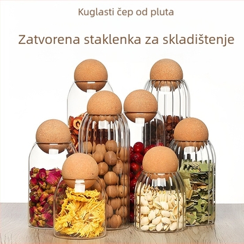 Prilagođeni okrugli stakleni spremnik s drvenom kuglom, zatvoren za čaj i žitarice, borosilikatno staklo, 501–800 ml