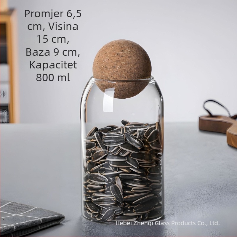 Prilagođeni okrugli stakleni spremnik s drvenom kuglom, zatvoren za čaj i žitarice, borosilikatno staklo, 501–800 ml