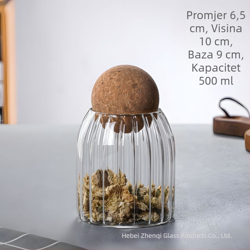 Prilagođeni okrugli stakleni spremnik s drvenom kuglom, zatvoren za čaj i žitarice, borosilikatno staklo, 501–800 ml