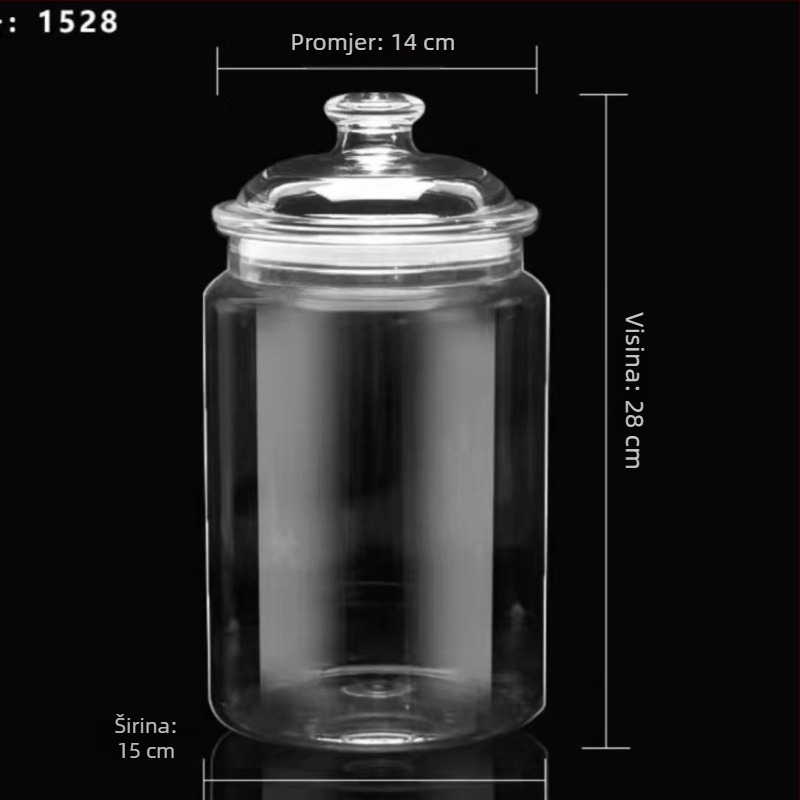 Zatvoren prozirni plastični spremnik za skladištenje suhih ljekovitih biljaka i drugih suhih namirnica, kapacitet 800–1000 ml.