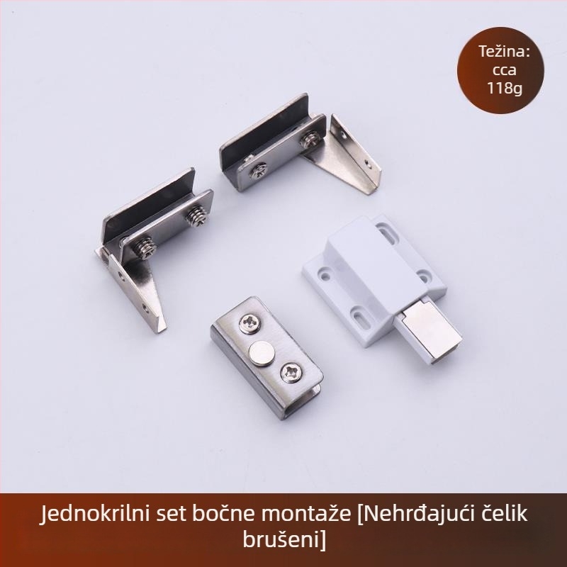 Staklena šarka bez bušenja sa bočnim montiranjem, gornje i donje stezaljke, staklena klipsa, okretna osovina od stropa do poda za izložbene vitrine i vinske ormariće, magnetsko zatvaranje