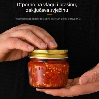 Staklena staklenka sa zatvorenim poklopcem i vertikalnim prugama, za voće, med, kavu, čaj, orahe i grickalice