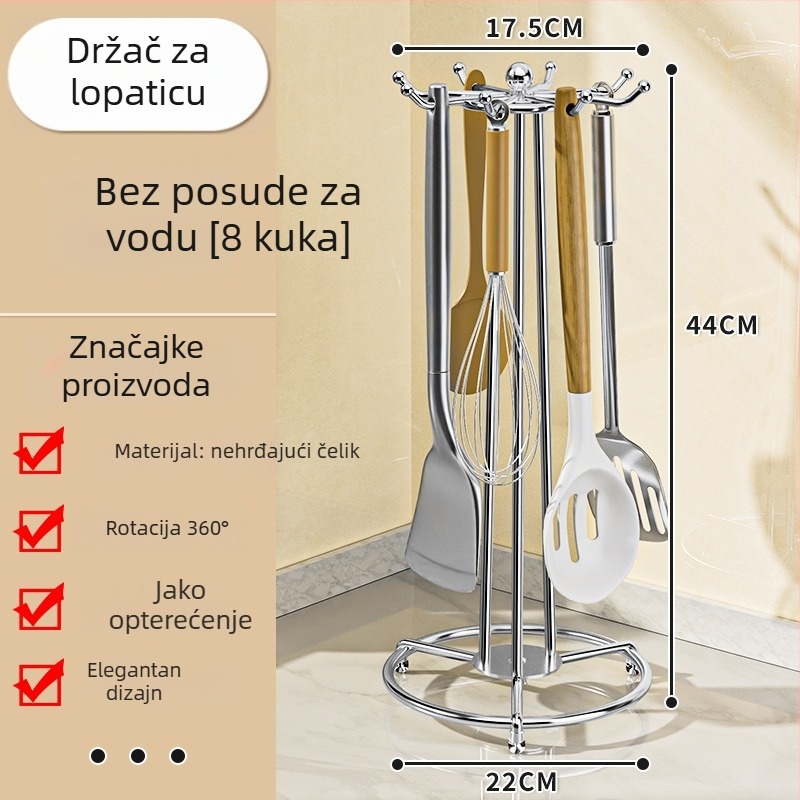 Nerđajući čelični kuhinjski organizator s kukama za žlice i špatule, bez bušenja, višenamjenski okretni držač za špatule