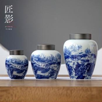 Jingdezhen plavo-bijeli keramički spremnik za čaj s dvostrukim poklopcem – Antička scena Qingming Riverside, zatvoreni spremnik za čaj
