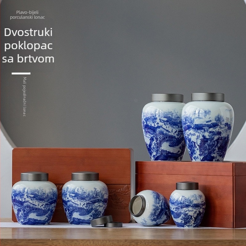 Jingdezhen plavo-bijeli keramički spremnik za čaj s dvostrukim poklopcem – Antička scena Qingming Riverside, zatvoreni spremnik za čaj