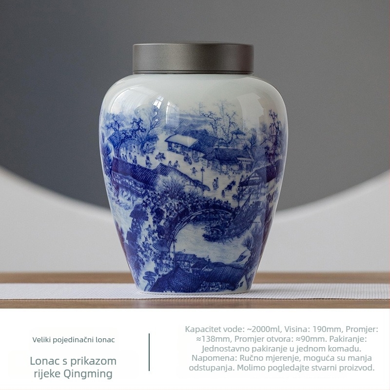 Jingdezhen plavo-bijeli keramički spremnik za čaj s dvostrukim poklopcem – Antička scena Qingming Riverside, zatvoreni spremnik za čaj
