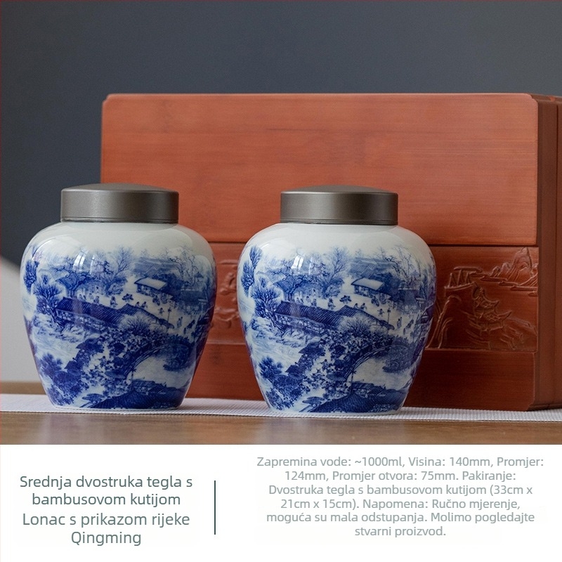 Jingdezhen plavo-bijeli keramički spremnik za čaj s dvostrukim poklopcem – Antička scena Qingming Riverside, zatvoreni spremnik za čaj