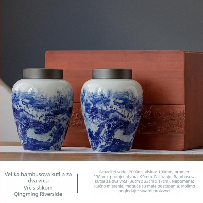Jingdezhen plavo-bijeli keramički spremnik za čaj s dvostrukim poklopcem – Antička scena Qingming Riverside, zatvoreni spremnik za čaj
