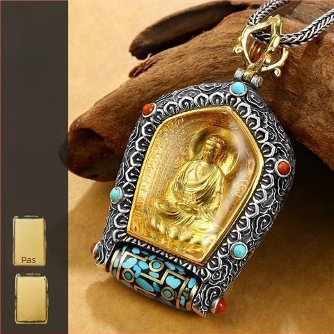 Dzi privjesak s Avalokiteshvara s tisucu ruku i Žutim bogom bogatstva, tibetanski thangka lančić
