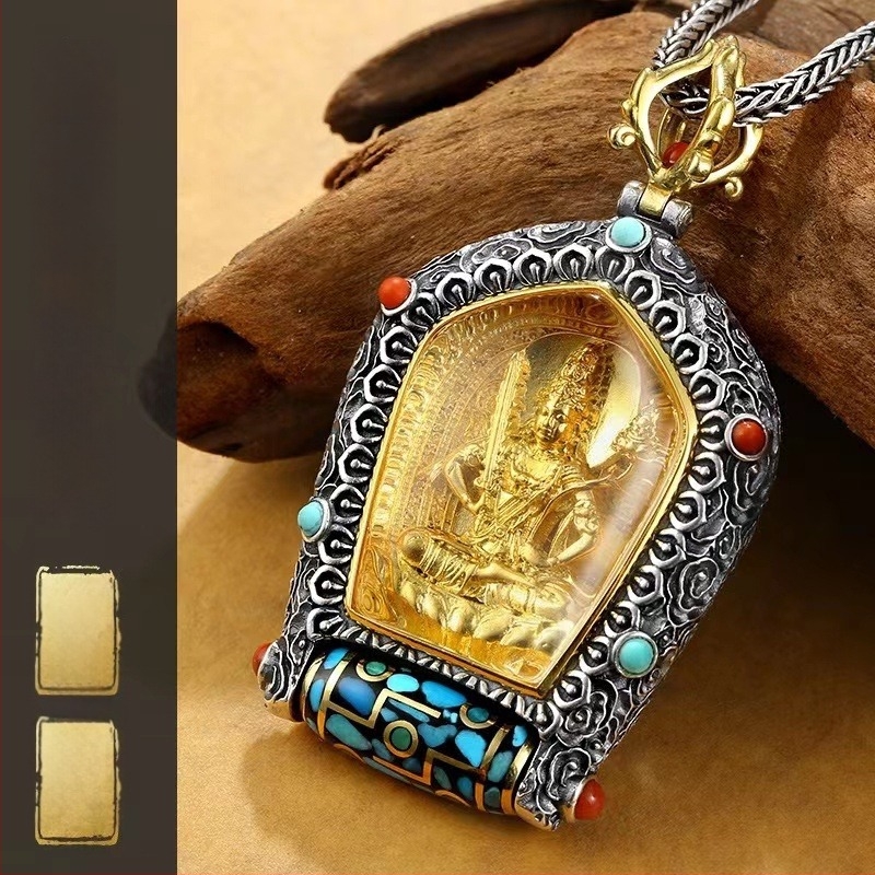 Dzi privjesak s Avalokiteshvara s tisucu ruku i Žutim bogom bogatstva, tibetanski thangka lančić