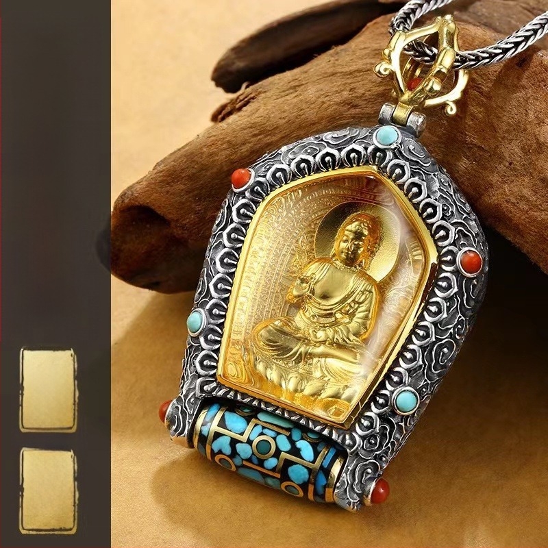 Dzi privjesak s Avalokiteshvara s tisucu ruku i Žutim bogom bogatstva, tibetanski thangka lančić