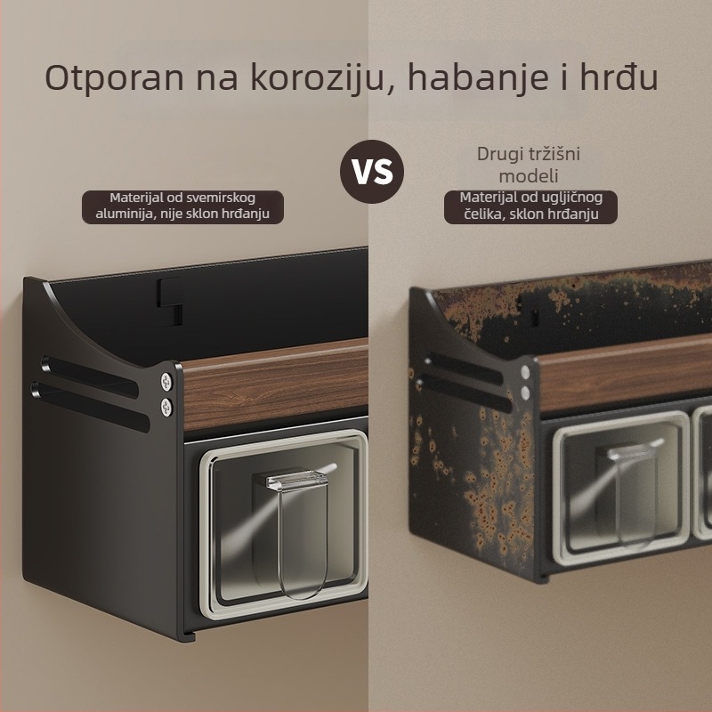 Zidni organizator kuhinje od orahovog drveta, držač za začine, višenamjenski spremnik za skladištenje, bez bušenja, otklonjiv i lako se čisti
