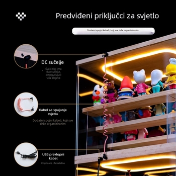 Prozirna akrilna vitrina za blind box figurice Bubble Mart – prikaz u stubama uz LED osvjetljenje i zaštitu od prašine