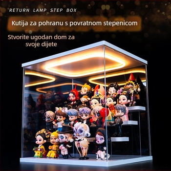 Prozirna akrilna kutija za prikaz i pohranu Bubble Mart figurica s LED koracima prikaza i zaštitnim poklopcem protiv prašine