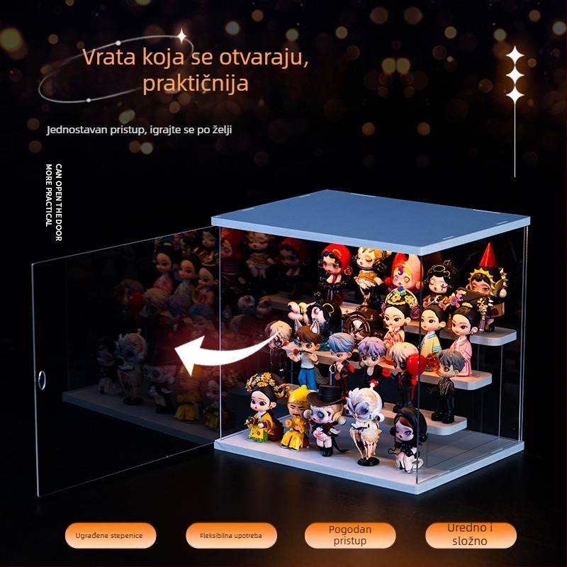Prozirna akrilna kutija za prikaz i pohranu Bubble Mart figurica s LED koracima prikaza i zaštitnim poklopcem protiv prašine