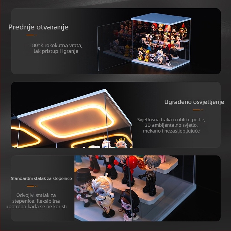 Prozirna akrilna kutija za prikaz i pohranu Bubble Mart figurica s LED koracima prikaza i zaštitnim poklopcem protiv prašine
