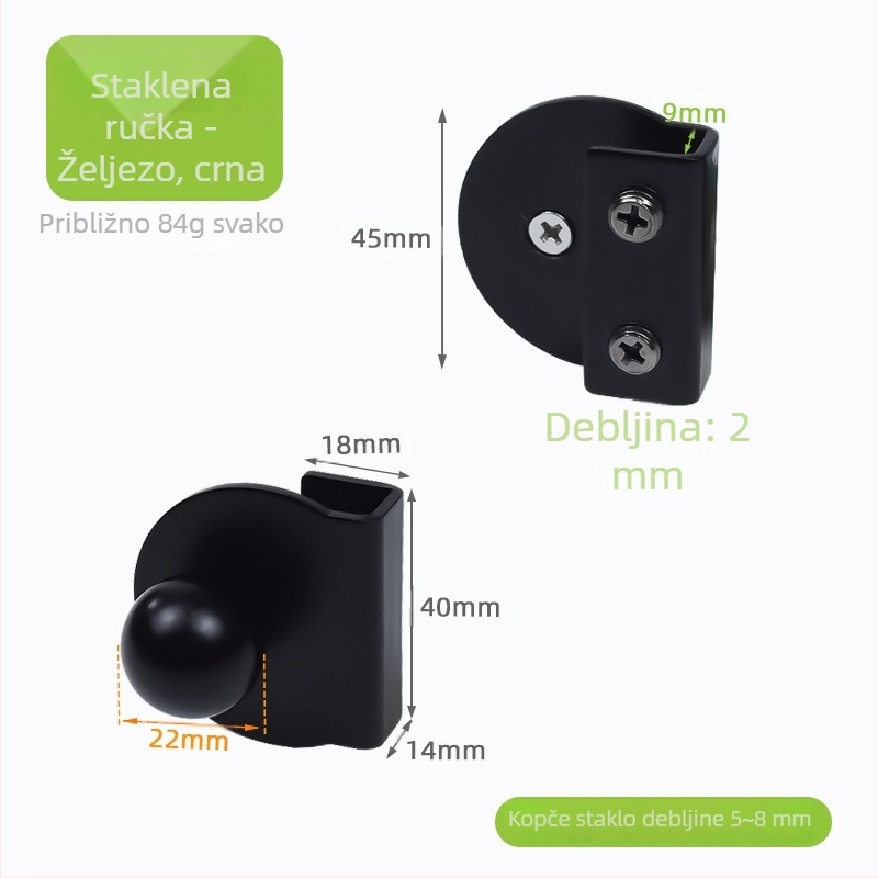 Staklena ručka za vrata vitrine, klipsa bez bušenja, 3–6 mm, cinkova legura