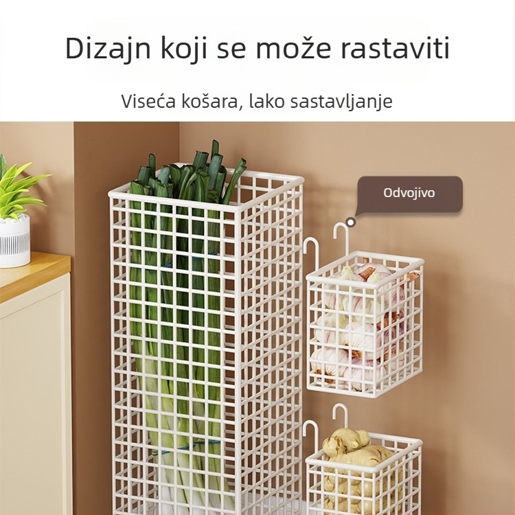 Kovana metalna košara za pohranu s velikim kapacitetom — višenamjenska kuhinjska polica za zeleni luk, đumbir i češnjak; podni stalak