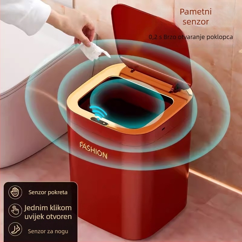 Pametna kanta za otpad sa senzorom, crvena, velika kapaciteta, automatsko otvaranje poklopca, za kućnu upotrebu u dnevnom boravku i spavaćoj sobi, lagani luksuz