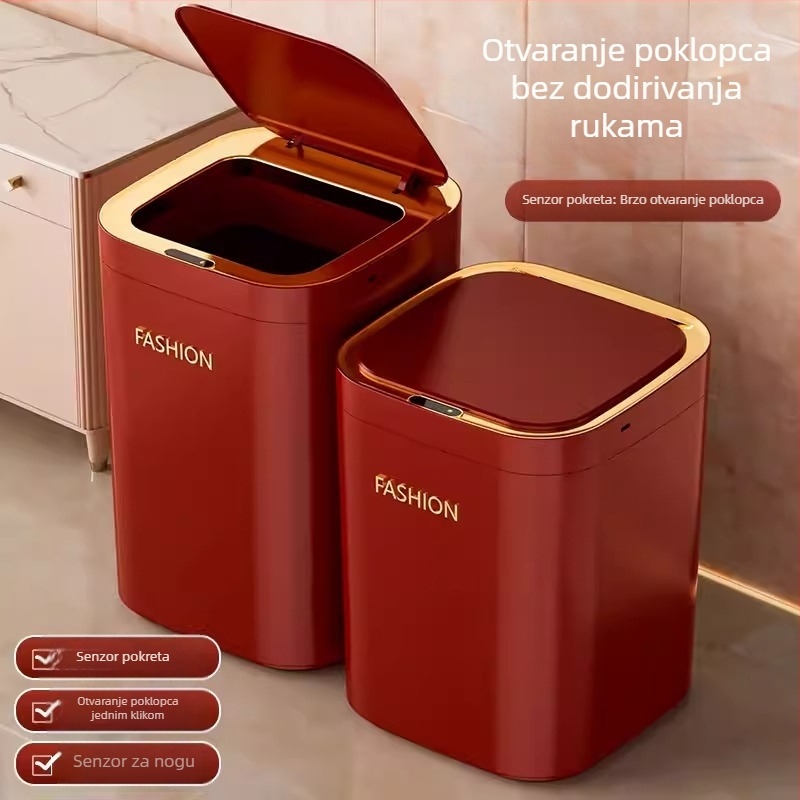 Pametna kanta za otpad sa senzorom, crvena, velika kapaciteta, automatsko otvaranje poklopca, za kućnu upotrebu u dnevnom boravku i spavaćoj sobi, lagani luksuz