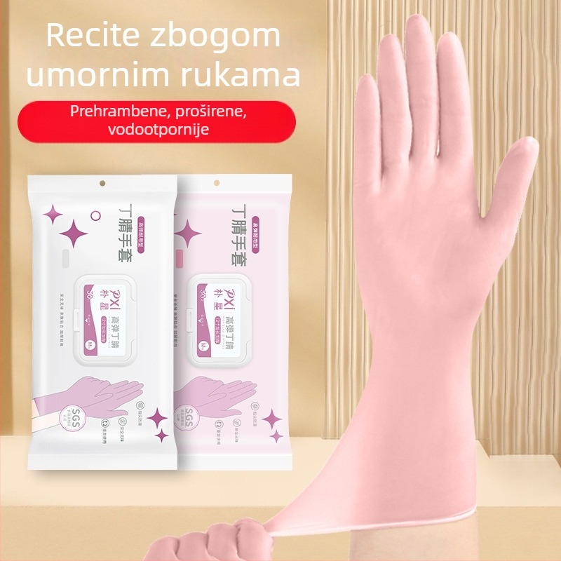 Jednokratne nitrilne rukavice, prehrambene kvalitete, produžene i deblje, za kućno čišćenje i kuhinjske poslove, izdržljive i vodootporne, udobno pristaju.