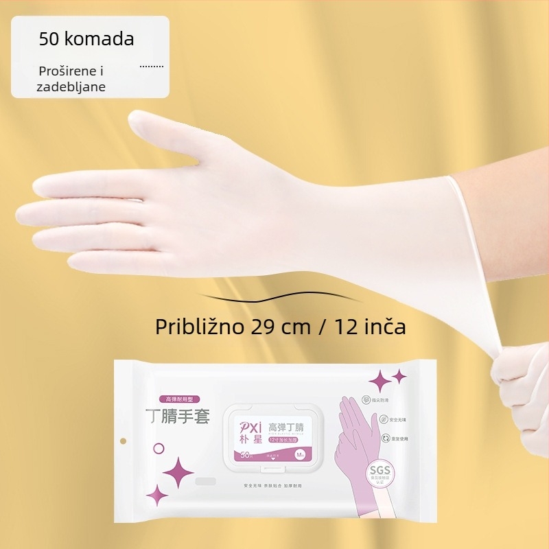 Jednokratne nitrilne rukavice, prehrambene kvalitete, produžene i deblje, za kućno čišćenje i kuhinjske poslove, izdržljive i vodootporne, udobno pristaju.